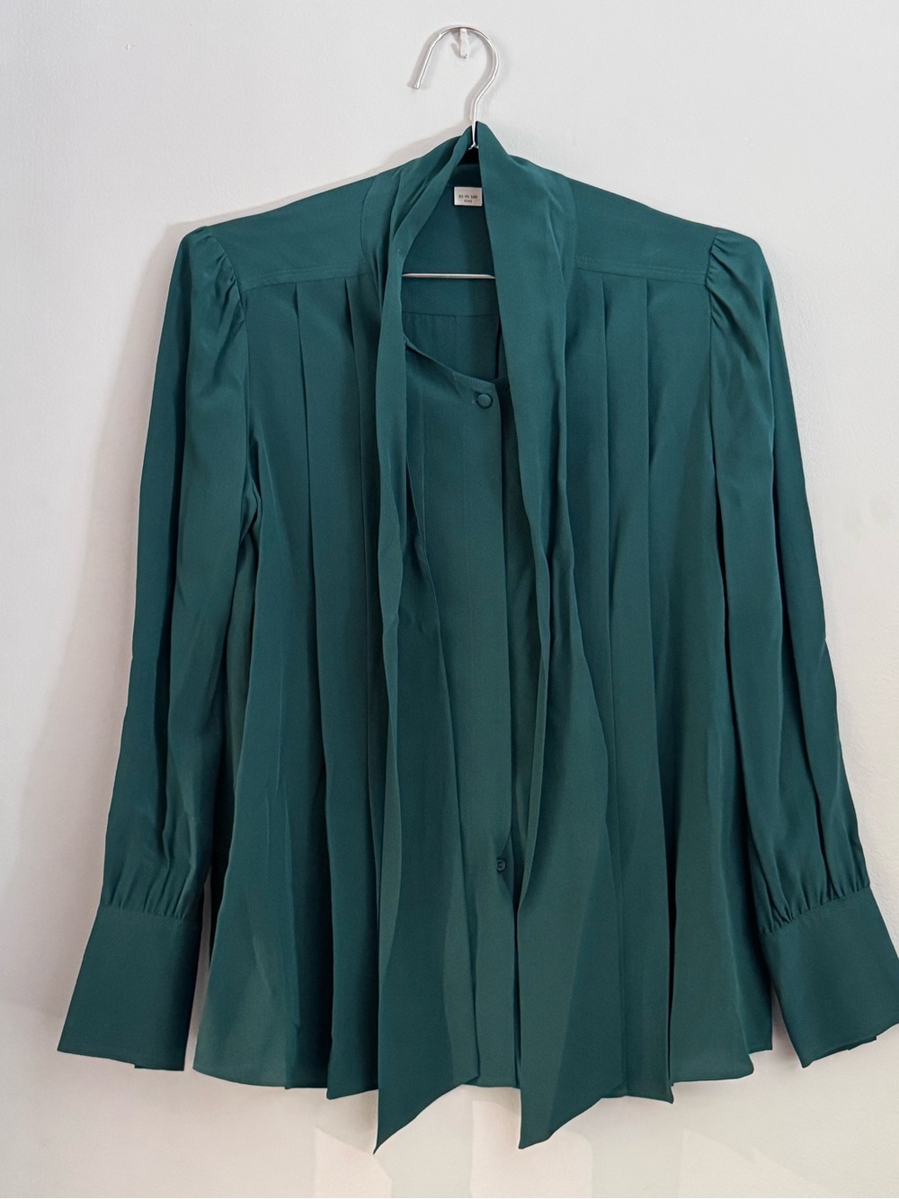 Pleated Teal Tie-Neck Blouse